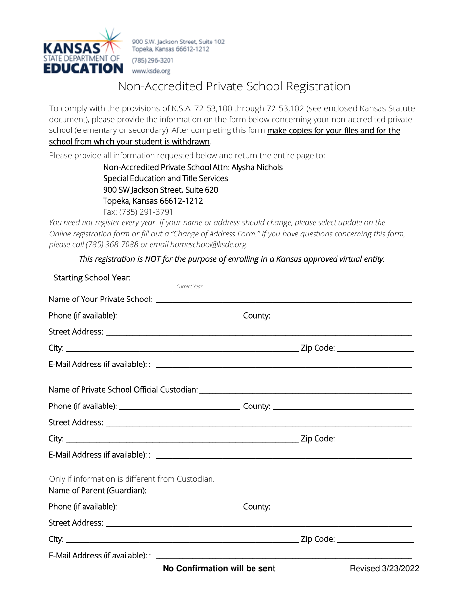 Non-accredited Private School Registration - Kansas, Page 1