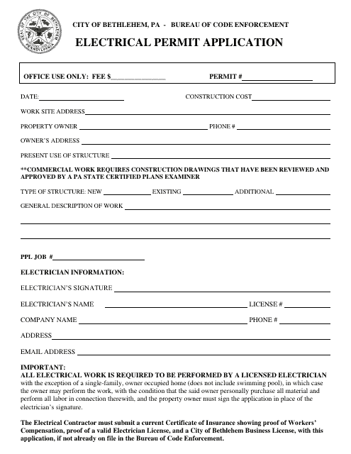 Electrical Permit Application - City of Bethlehem, Pennsylvania Download Pdf