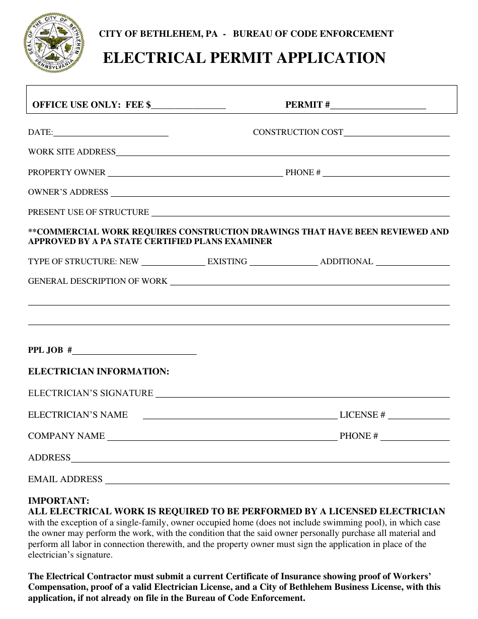 City of Bethlehem, Pennsylvania Electrical Permit Application Fill