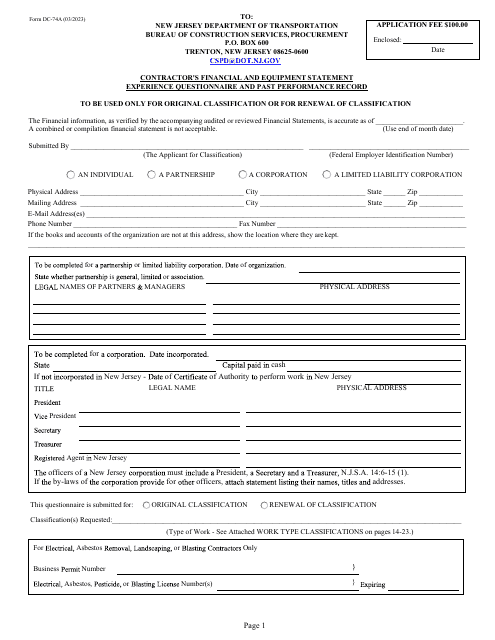 Form DC-74A Contractor's Financial and Equipment Statement Experience Questionnaire and Past Performance Record - New Jersey