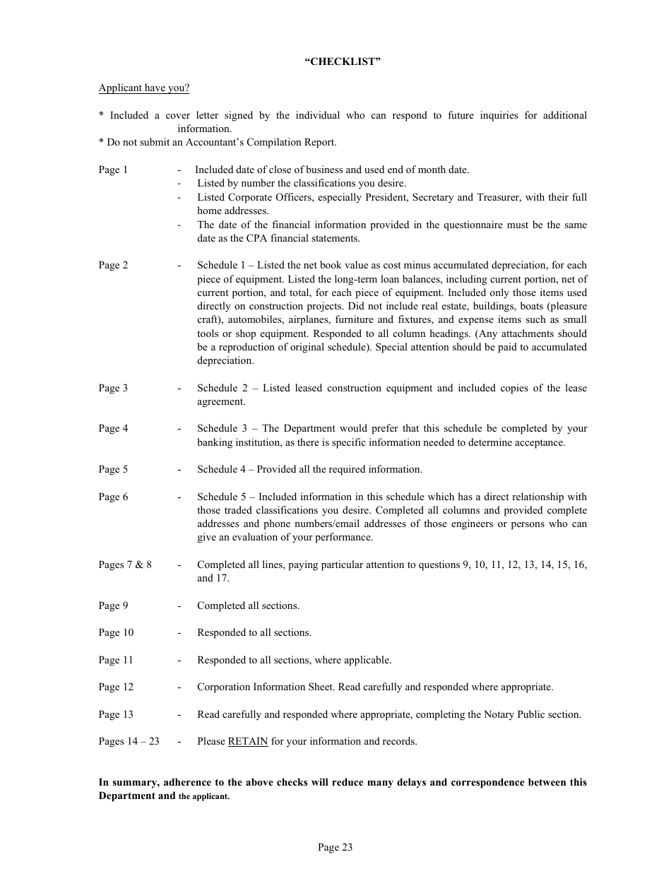 Form DC-74A Contractors Financial and Equipment Statement Experience Questionnaire and Past Performance Record - New Jersey, Page 23