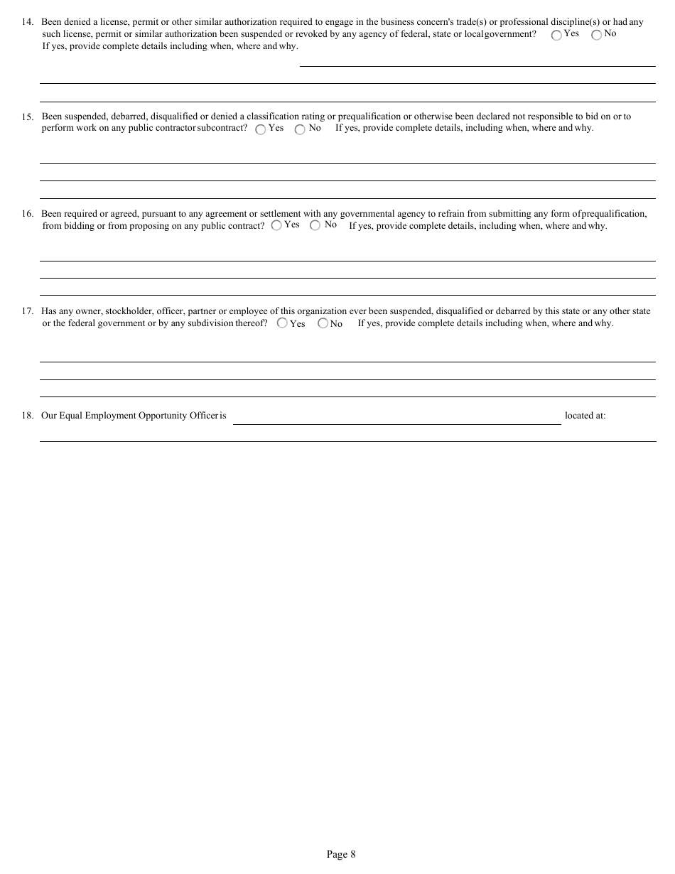 Form DC-74A Contractors Financial and Equipment Statement Experience Questionnaire and Past Performance Record - New Jersey, Page 8