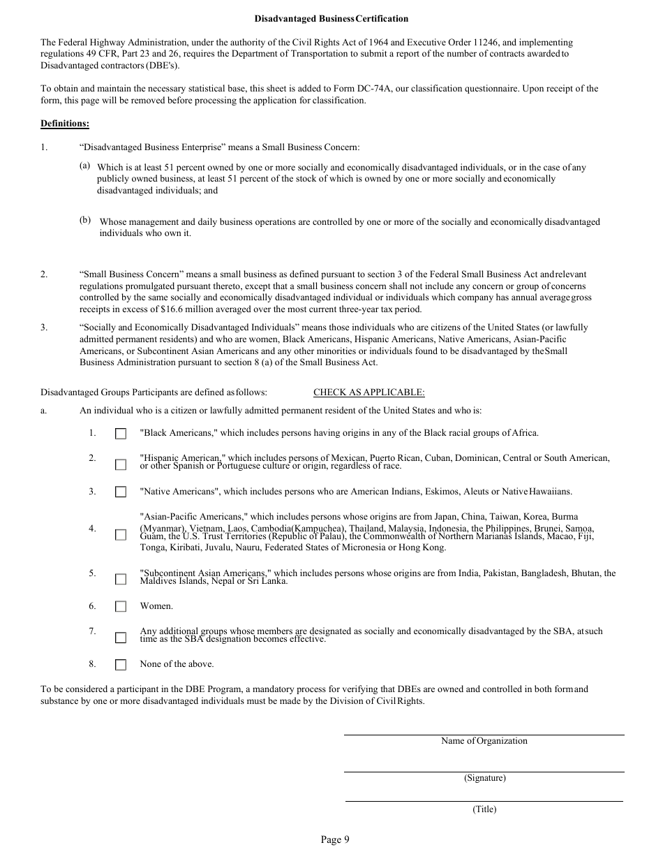 Form DC-74A Contractors Financial and Equipment Statement Experience Questionnaire and Past Performance Record - New Jersey, Page 9