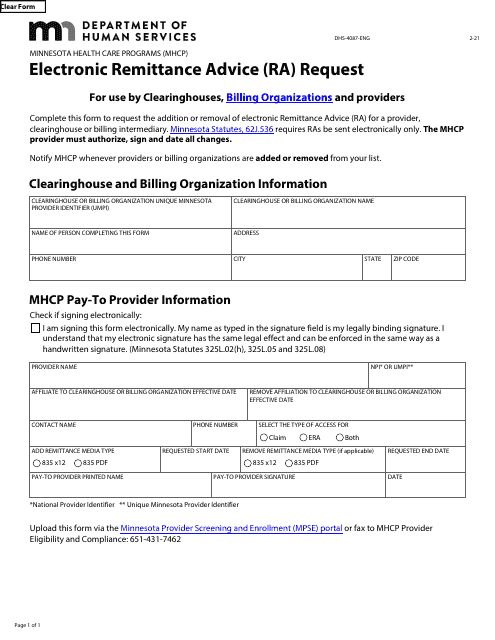 Form DHS-4087-ENG Electronic Remittance Advice (Ra) Request - Minnesota Health Care Programs (Mhcp) - Minnesota