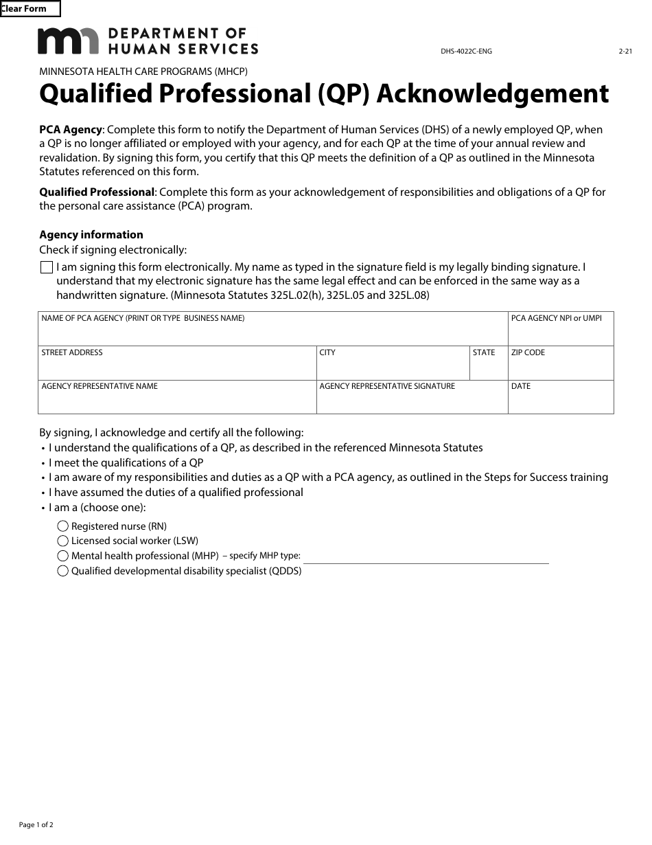 Form DHS-4022C-ENG Qualified Professional (Qp) Acknowledgement - Minnesota Health Care Programs (Mhcp) - Minnesota, Page 1