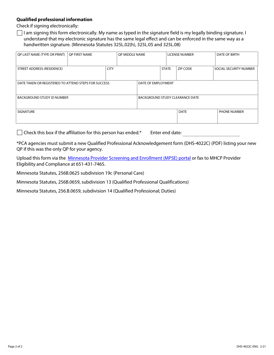 Form DHS-4022C-ENG Qualified Professional (Qp) Acknowledgement - Minnesota Health Care Programs (Mhcp) - Minnesota, Page 2