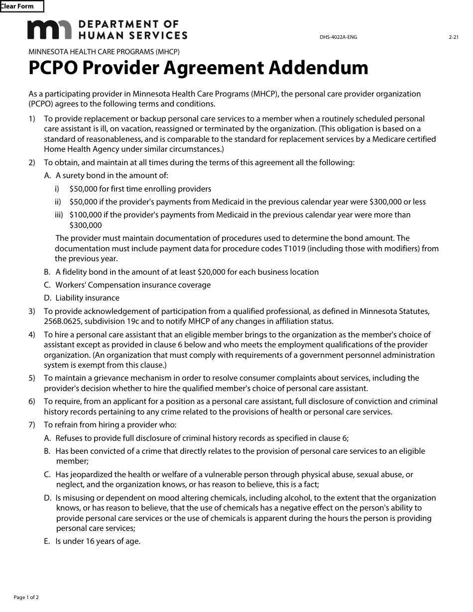 Form DHS-4022A-ENG Pcpo Provider Agreement Addendum - Minnesota Health Care Programs (Mhcp) - Minnesota, Page 1