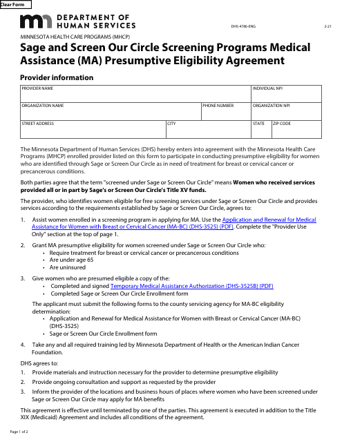 Form DHS-4786-ENG Sage and Screen Our Circle Screening Programs Medical Assistance (Ma) Presumptive Eligibility Agreement - Minnesota Health Care Programs (Mhcp) - Minnesota