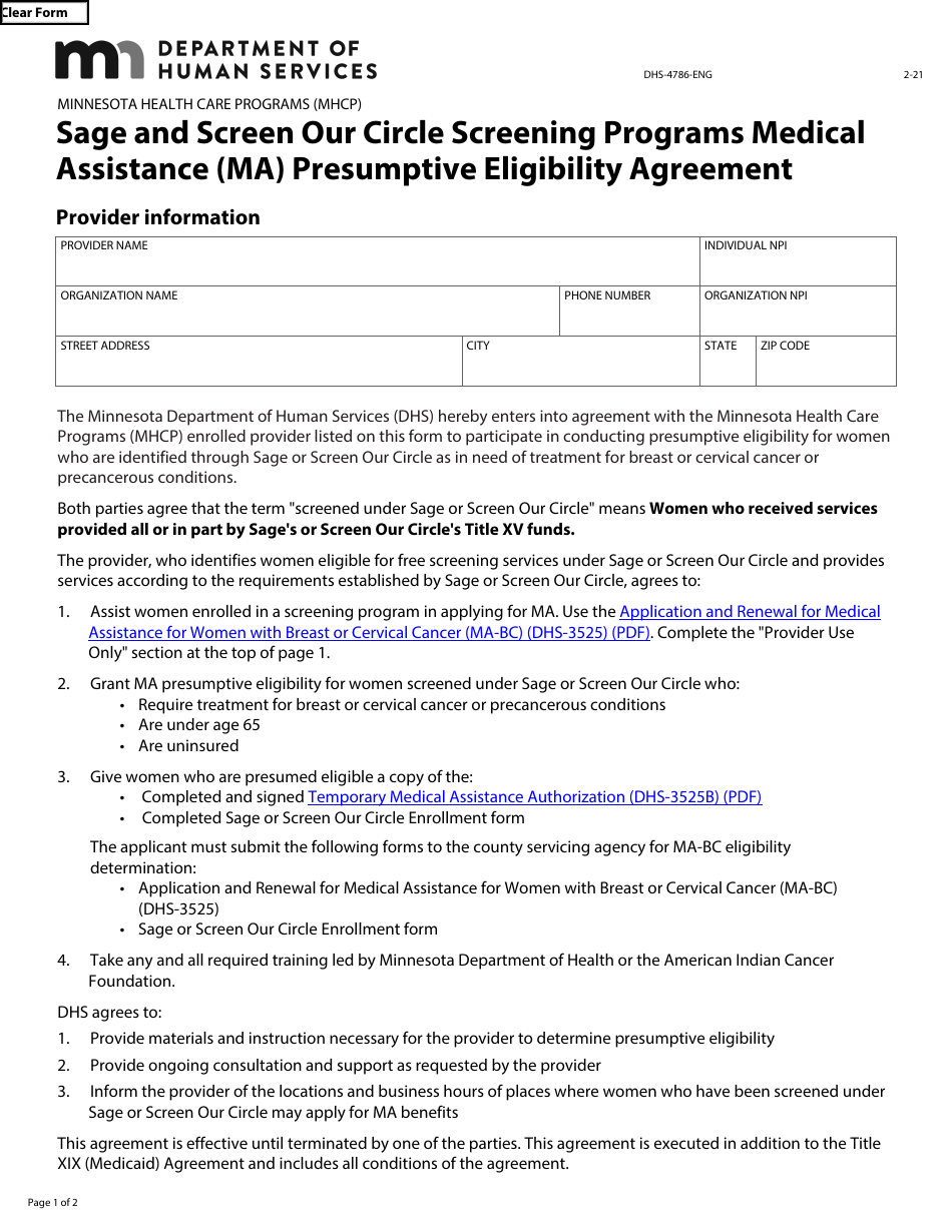 Form DHS-4786-ENG Sage and Screen Our Circle Screening Programs Medical Assistance (Ma) Presumptive Eligibility Agreement - Minnesota Health Care Programs (Mhcp) - Minnesota, Page 1