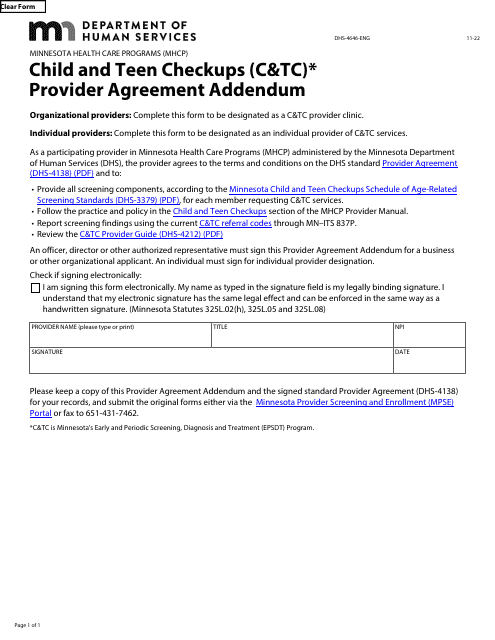 Form DHS-4646-ENG Child and Teen Checkups (C&tc) Provider Agreement Addendum - Minnesota Health Care Programs (Mhcp) - Minnesota