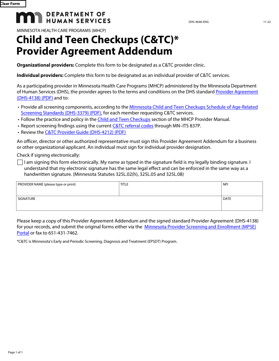 Form DHS-4646-ENG Child and Teen Checkups (Ctc) Provider Agreement Addendum - Minnesota Health Care Programs (Mhcp) - Minnesota, Page 1