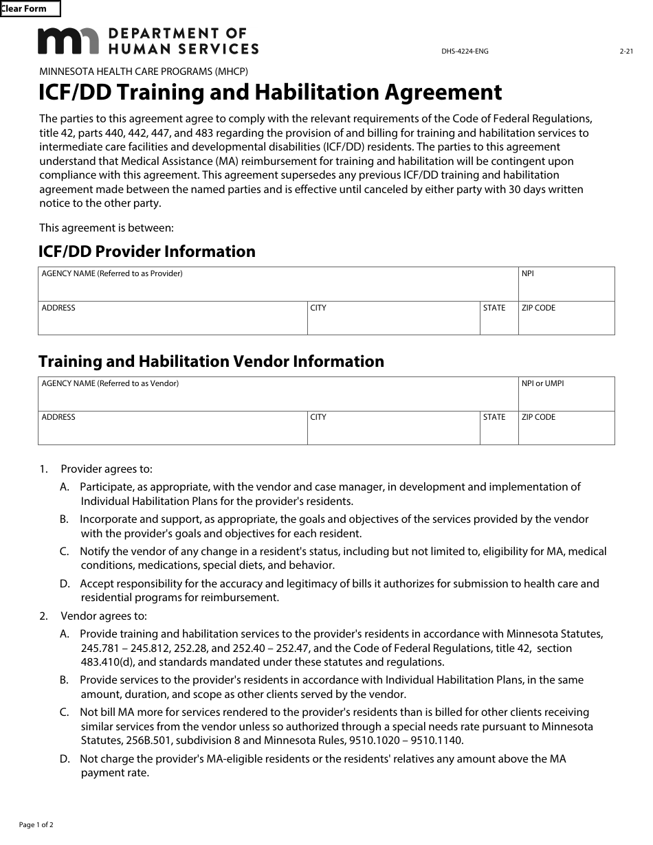 Form DHS-4224-ENG Icf / DD Training and Habilitation Agreement - Minnesota Health Care Programs (Mhcp) - Minnesota, Page 1