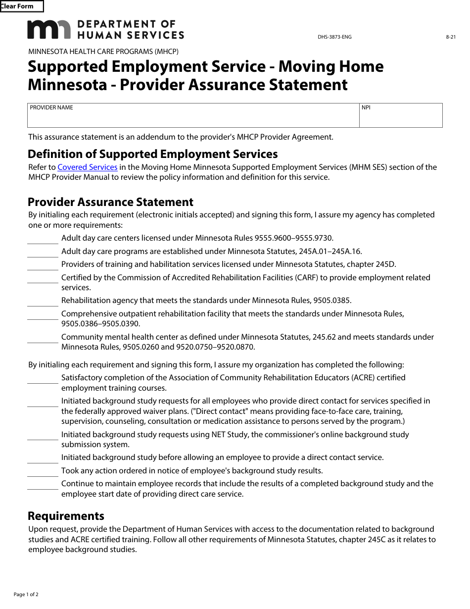 Form DHS-3873-ENG Supported Employment Service - Moving Home Minnesota - Provider Assurance Statement - Minnesota Health Care Programs (Mhcp) - Minnesota, Page 1