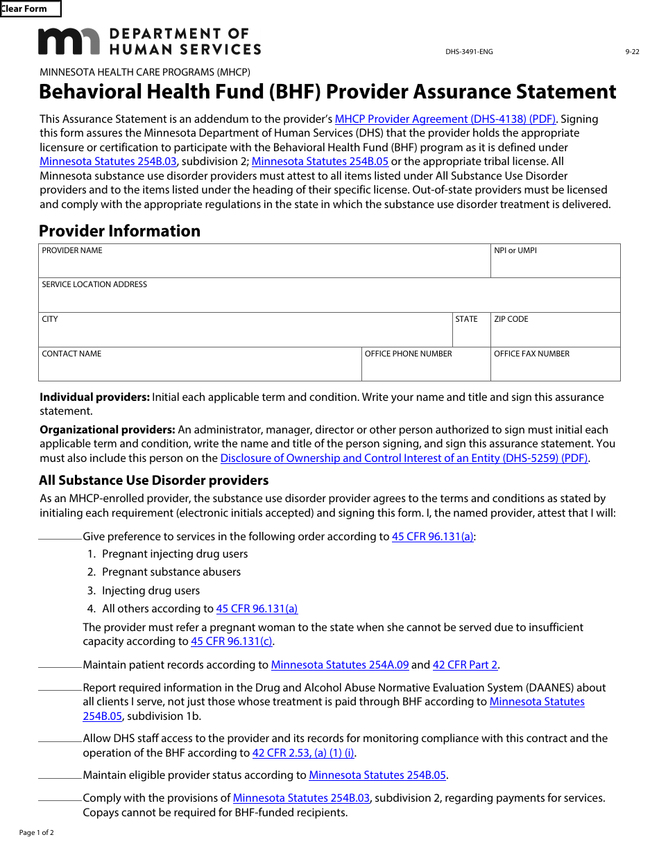 Form DHS-3491-ENG Behavioral Health Fund (Bhf) Provider Assurance Statement - Minnesota Health Care Programs (Mhcp) - Minnesota, Page 1