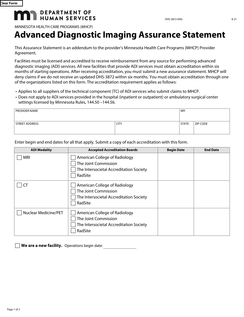 Form DHS-3872-ENG Advanced Diagnostic Imaging Assurance Statement - Minnesota Health Care Programs (Mhcp) - Minnesota, Page 1