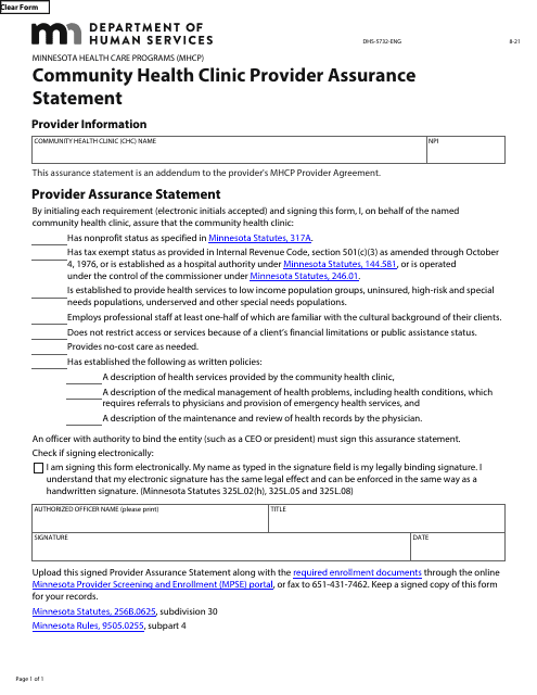 Form DHS-5732-ENG Community Health Clinic Provider Assurance Statement - Minnesota Health Care Programs (Mhcp) - Minnesota