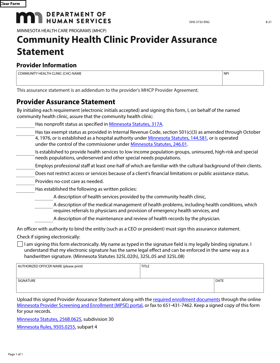 Form DHS-5732-ENG Community Health Clinic Provider Assurance Statement - Minnesota Health Care Programs (Mhcp) - Minnesota, Page 1