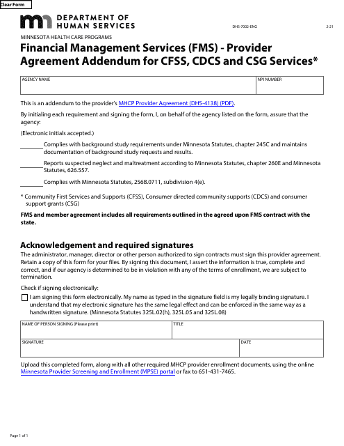 Form DHS-7002-ENG Financial Management Services (FMS) - Provider Agreement Addendum for Cfss, CDCs and Csg Services - Minnesota Health Care Programs - Minnesota