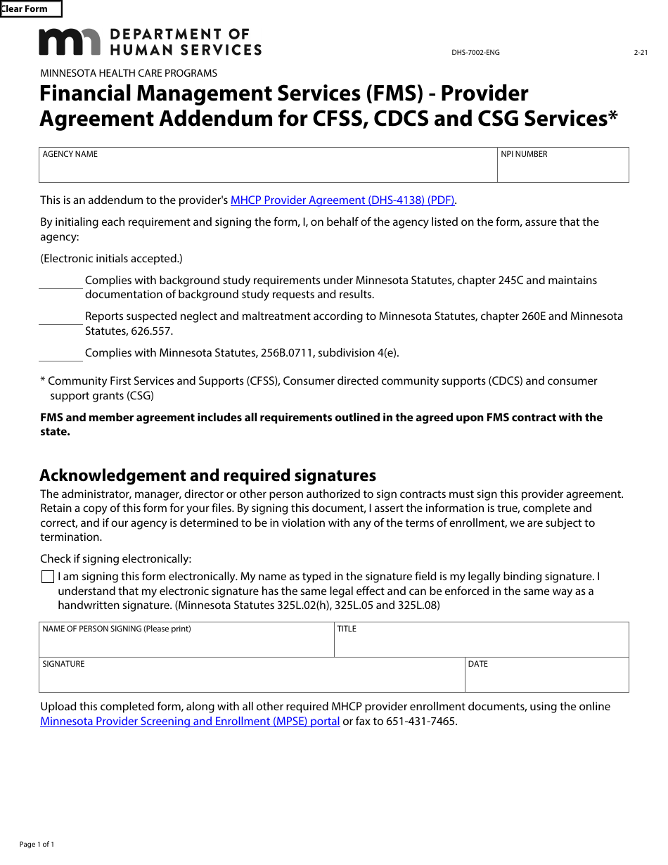 Form DHS-7002-ENG Financial Management Services (FMS) - Provider Agreement Addendum for Cfss, CDCs and Csg Services - Minnesota Health Care Programs - Minnesota, Page 1