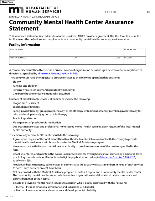 Form DHS-5748-ENG Community Mental Health Center Assurance Statement - Minnesota Health Care Programs (Mhcp) - Minnesota