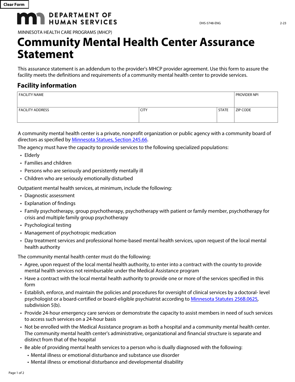 Form DHS-5748-ENG Community Mental Health Center Assurance Statement - Minnesota Health Care Programs (Mhcp) - Minnesota, Page 1