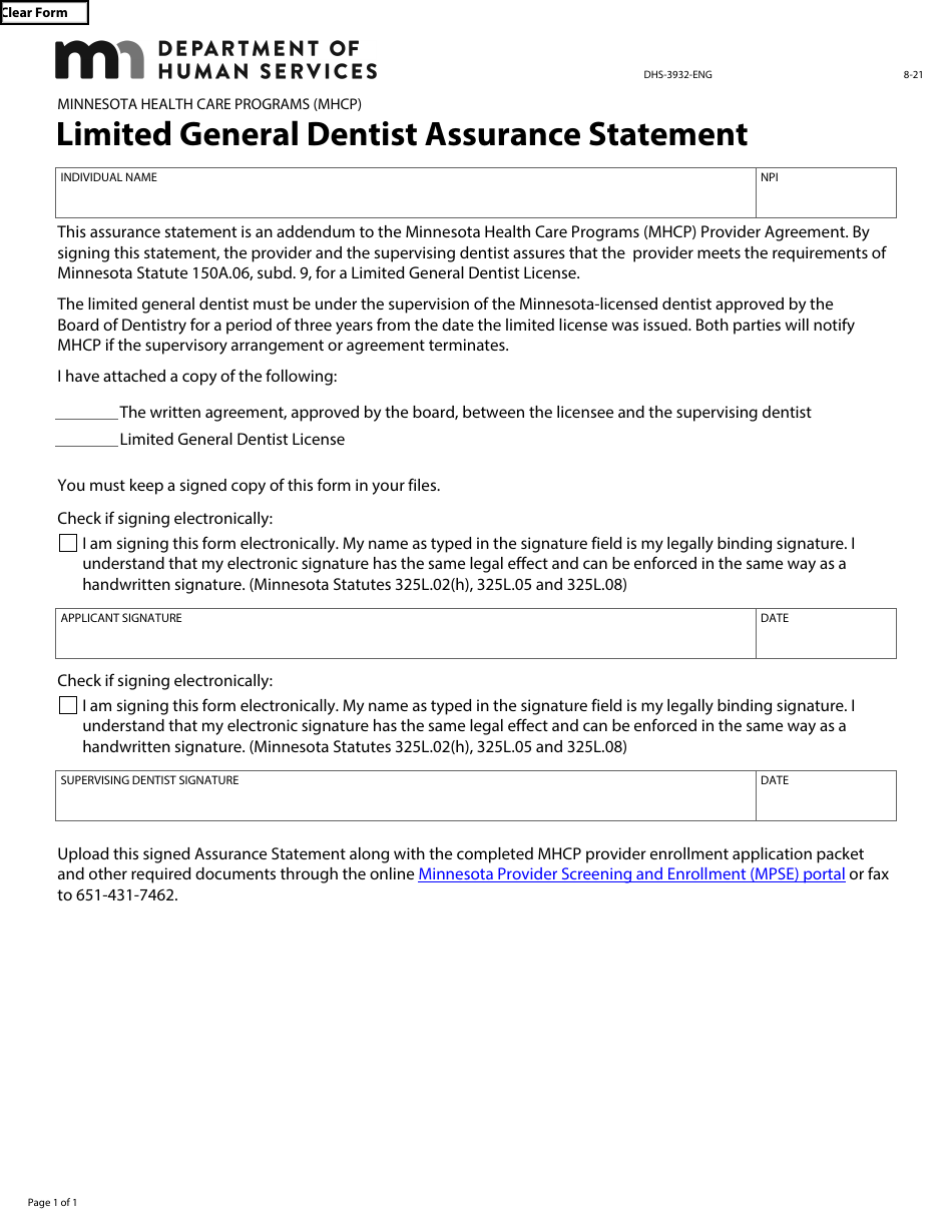 Form DHS-3932-ENG Limited General Dentist Assurance Statement - Minnesota Health Care Programs (Mhcp) - Minnesota, Page 1