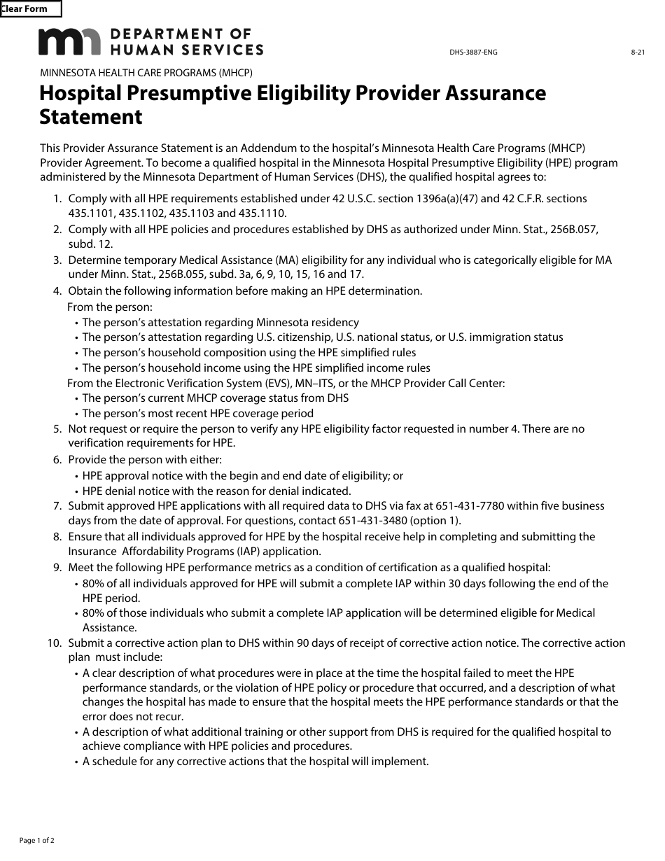 Form DHS-3887-ENG Hospital Presumptive Eligibility Provider Assurance Statement - Minnesota Health Care Programs (Mhcp) - Minnesota, Page 1