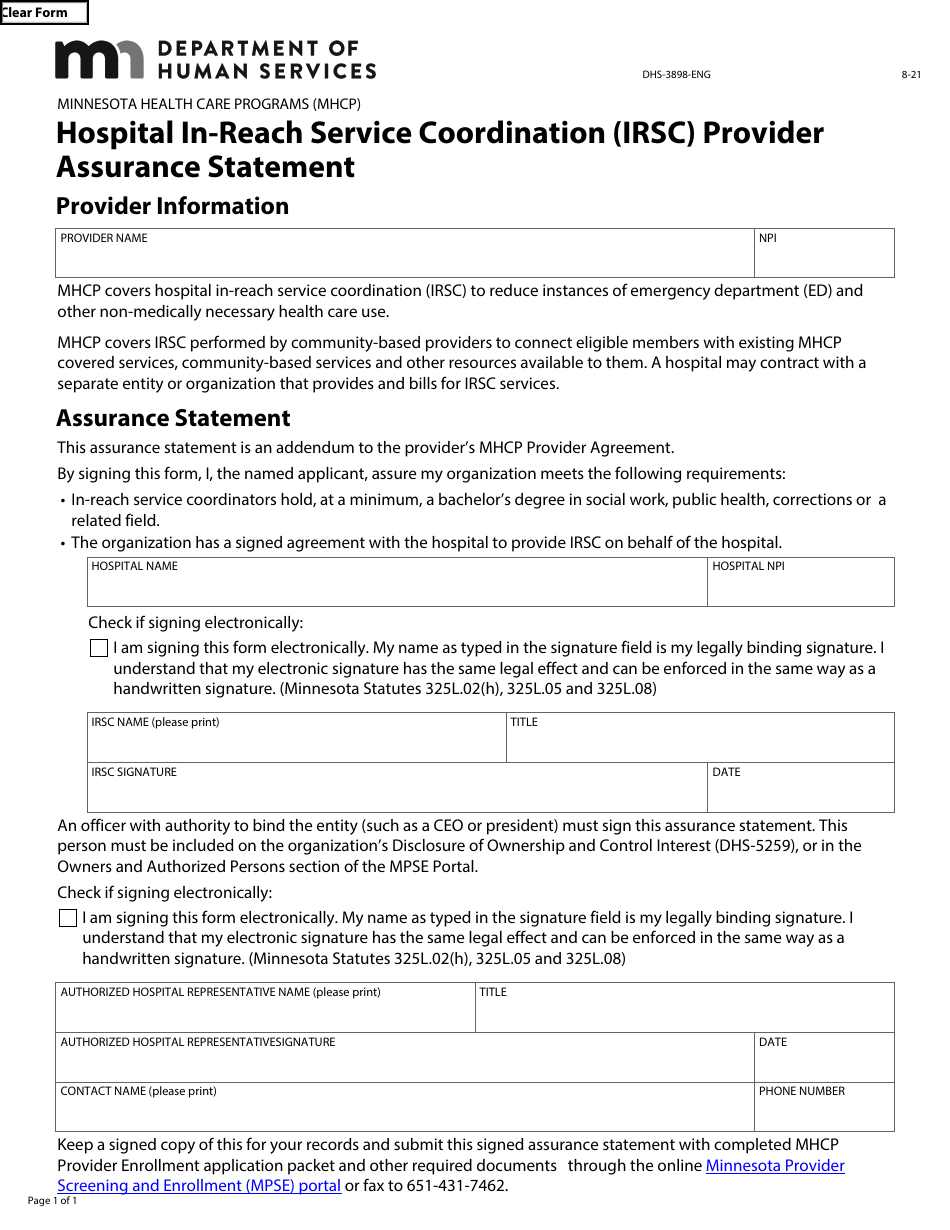 Form DHS-3898-ENG Hospital in-Reach Service Coordination (Irsc) Provider Assurance Statement - Minnesota Health Care Programs (Mhcp) - Minnesota, Page 1