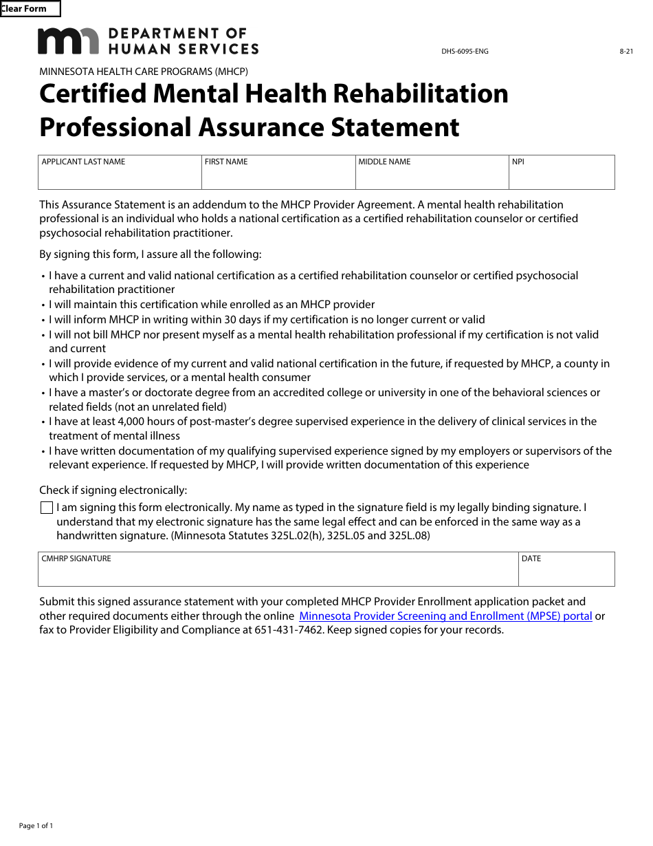 Form DHS-6095-ENG Certified Mental Health Rehabilitation Professional Assurance Statement - Minnesota Health Care Programs (Mhcp) - Minnesota, Page 1