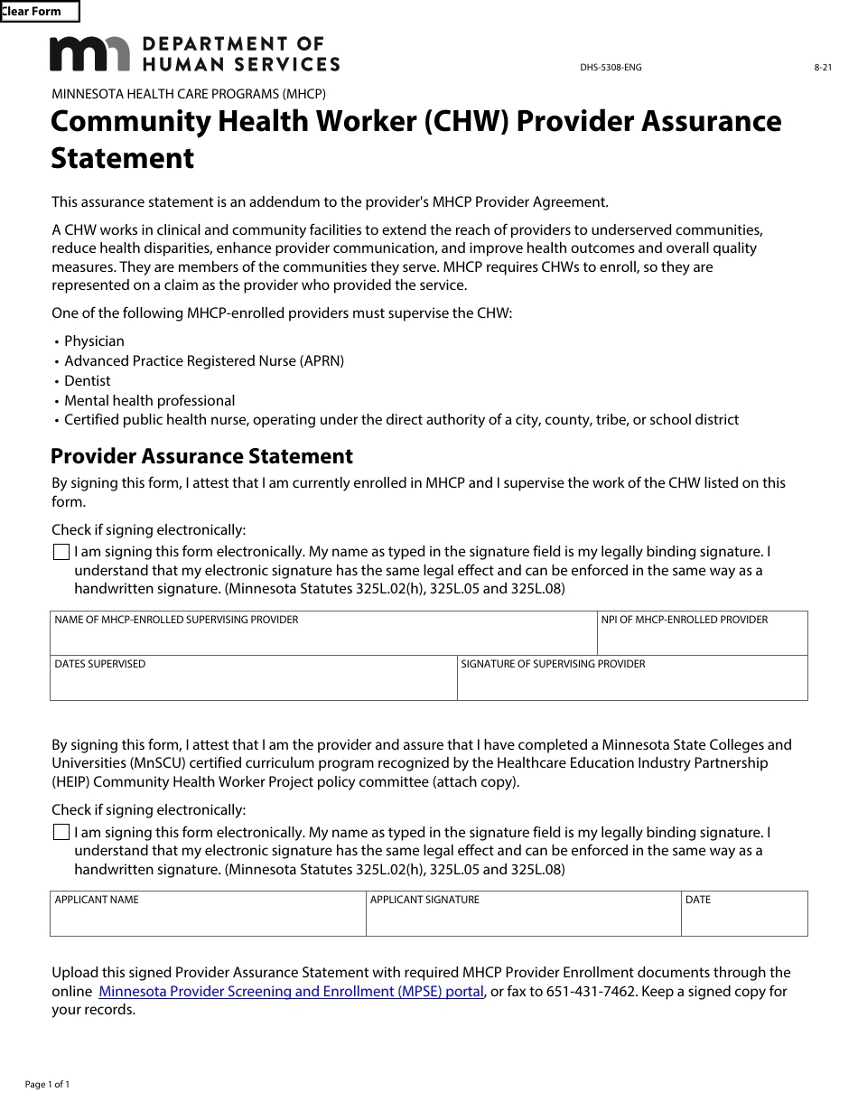 Form DHS-5308-ENG Community Health Worker (Chw) Provider Assurance Statement - Minnesota Health Care Programs (Mhcp) - Minnesota, Page 1