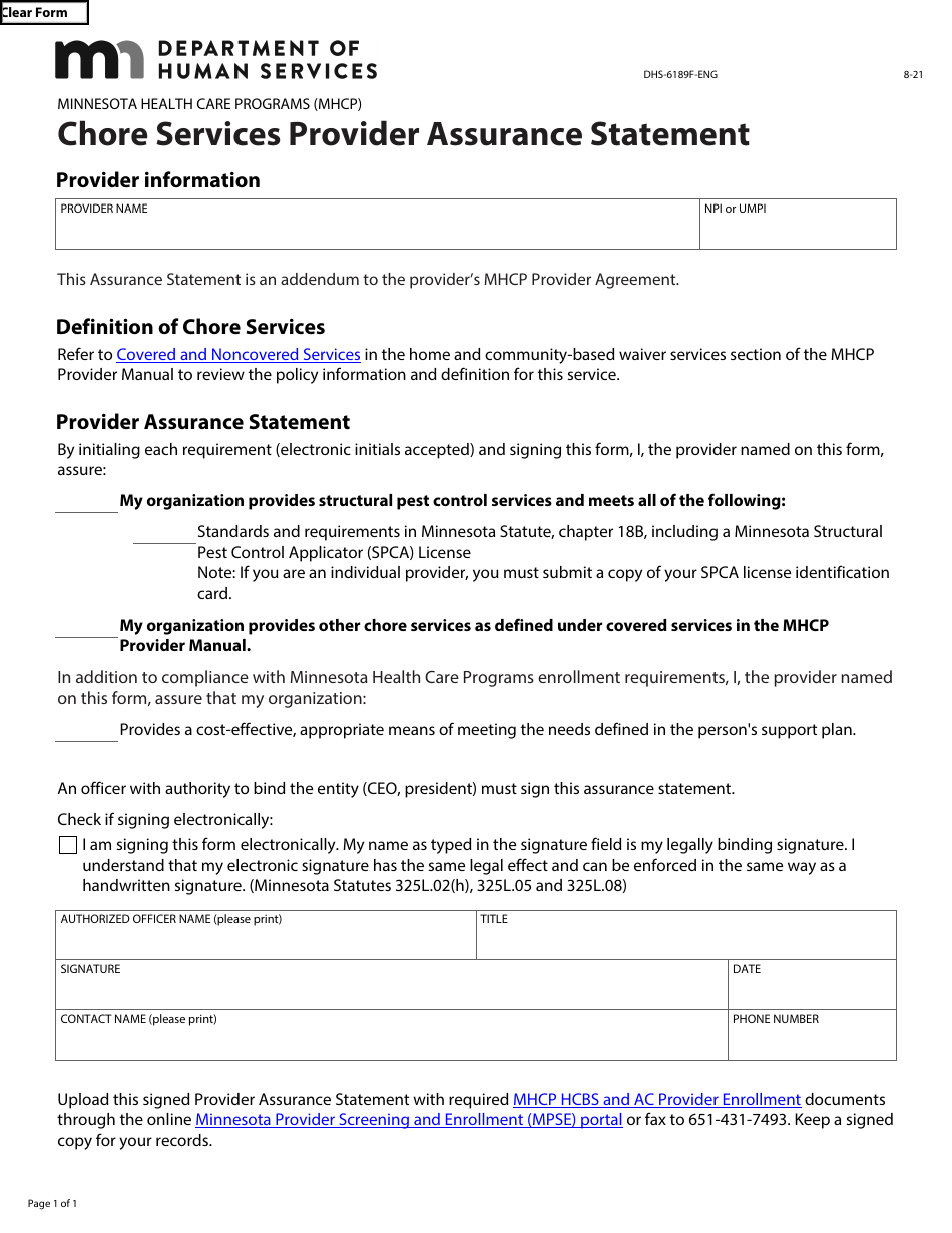 Form DHS-6189F-ENG Chore Services Provider Assurance Statement - Minnesota Health Care Programs (Mhcp) - Minnesota, Page 1