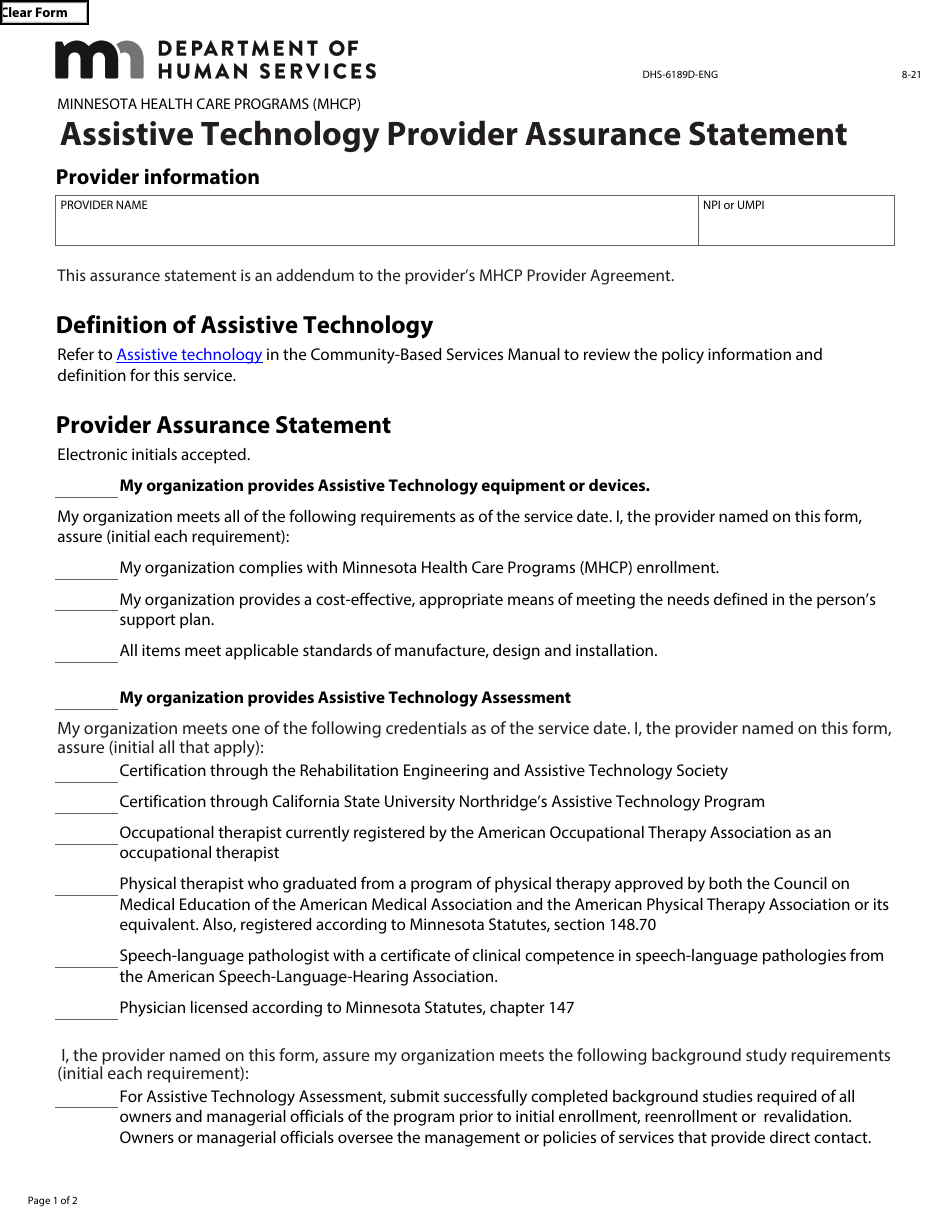 Form DHS-6189D-ENG Assistive Technology Provider Assurance Statement - Minnesota Health Care Programs (Mhcp) - Minnesota, Page 1