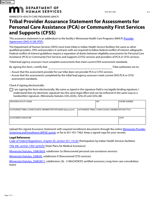 Form DHS-5857-ENG Tribal Provider Assurance Statement for Assessments for Personal Care Assistance (Pca) or Community First Services and Supports (Cfss) - Minnesota Health Care Programs (Mhcp) - Minnesota