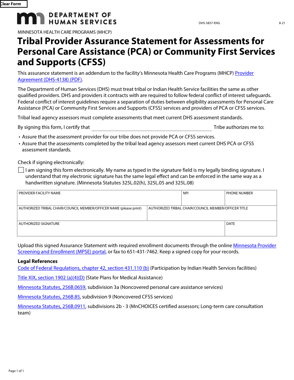 Form DHS-5857-ENG Tribal Provider Assurance Statement for Assessments for Personal Care Assistance (Pca) or Community First Services and Supports (Cfss) - Minnesota Health Care Programs (Mhcp) - Minnesota, Page 1