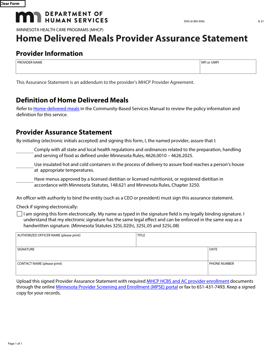 Form DHS-6189J-ENG Home Delivered Meals Provider Assurance Statement - Minnesota Health Care Programs (Mhcp) - Minnesota, Page 1