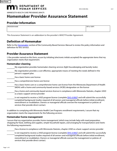 Form DHS-6189K-ENG Homemaker Provider Assurance Statement - Minnesota Health Care Programs (Mhcp) - Minnesota