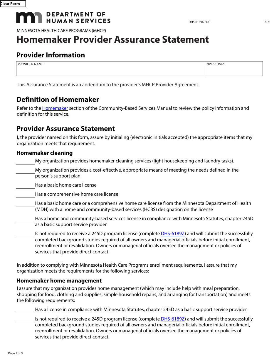 Form DHS-6189K-ENG Homemaker Provider Assurance Statement - Minnesota Health Care Programs (Mhcp) - Minnesota, Page 1