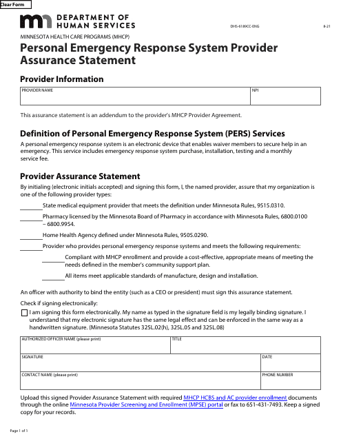 Form DHS-6189CC-ENG Personal Emergency Response System Provider Assurance Statement - Minnesota Health Care Programs (Mhcp) - Minnesota