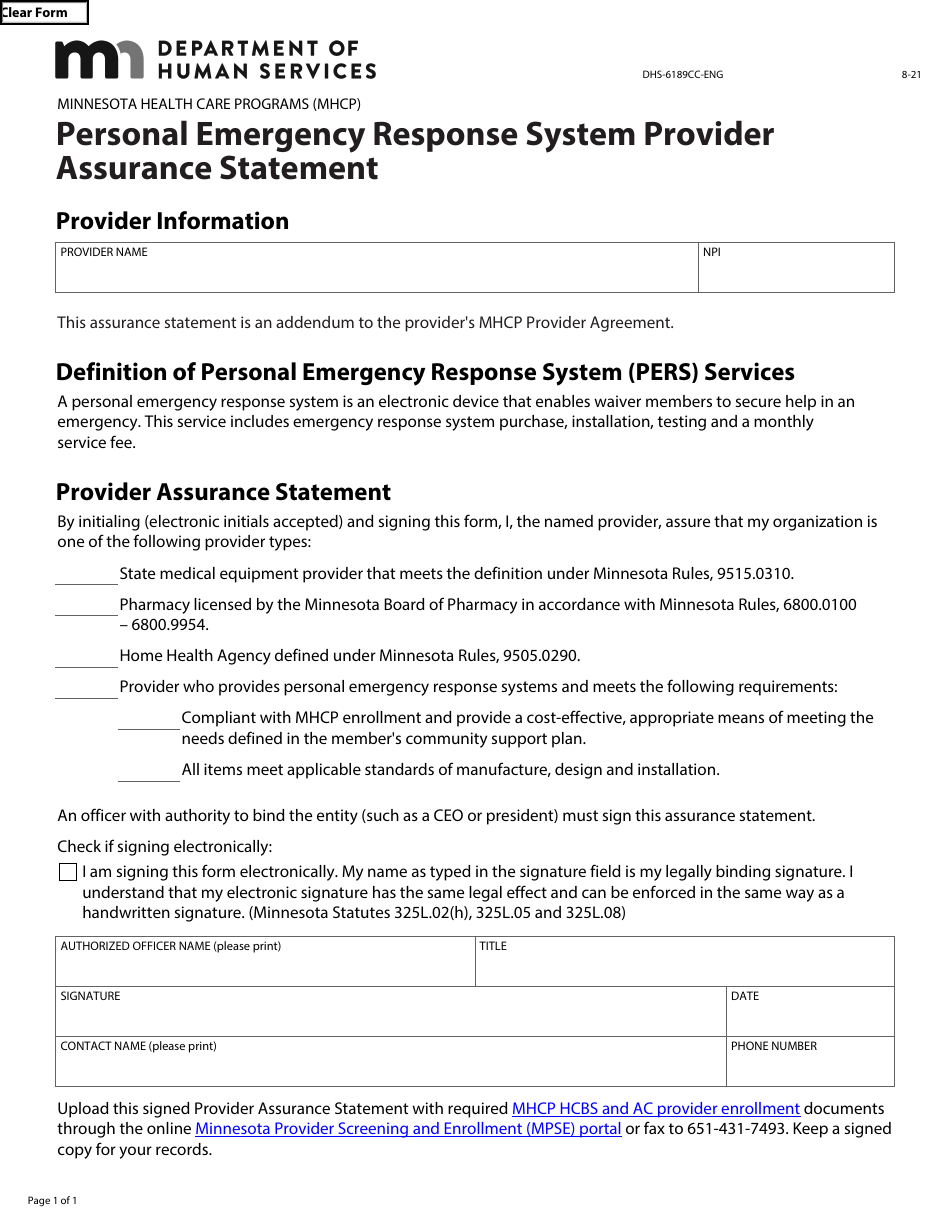 Form DHS-6189CC-ENG Personal Emergency Response System Provider Assurance Statement - Minnesota Health Care Programs (Mhcp) - Minnesota, Page 1