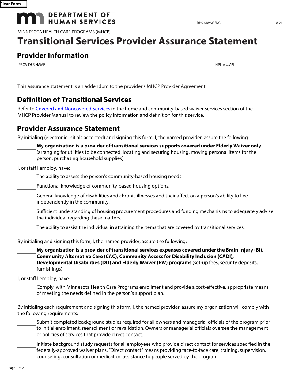 Form DHS-6189W-ENG Transitional Services Provider Assurance Statement - Minnesota Health Care Programs (Mhcp) - Minnesota, Page 1