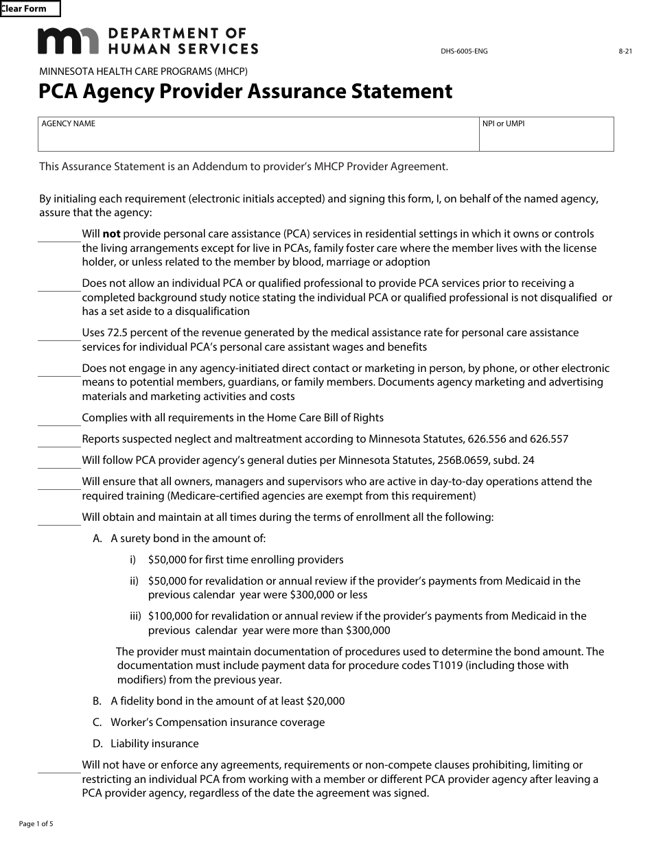 Form DHS-6005-ENG Pca Agency Provider Assurance Statement - Minnesota Health Care Programs (Mhcp) - Minnesota, Page 1
