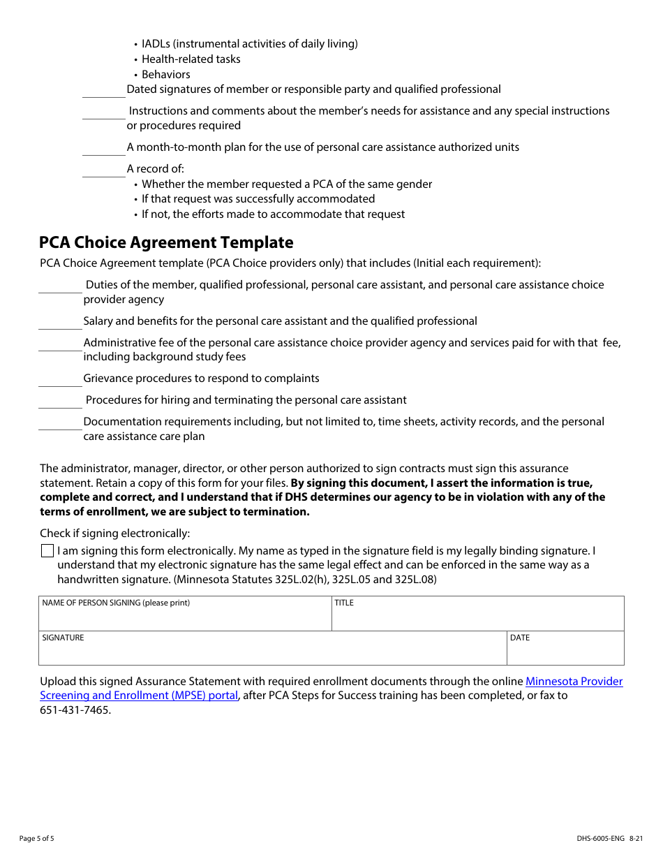 Form DHS-6005-ENG Pca Agency Provider Assurance Statement - Minnesota Health Care Programs (Mhcp) - Minnesota, Page 5