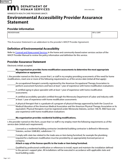 Form DHS-6189G-ENG Environmental Accessibility Provider Assurance Statement - Minnesota Health Care Programs (Mhcp) - Minnesota