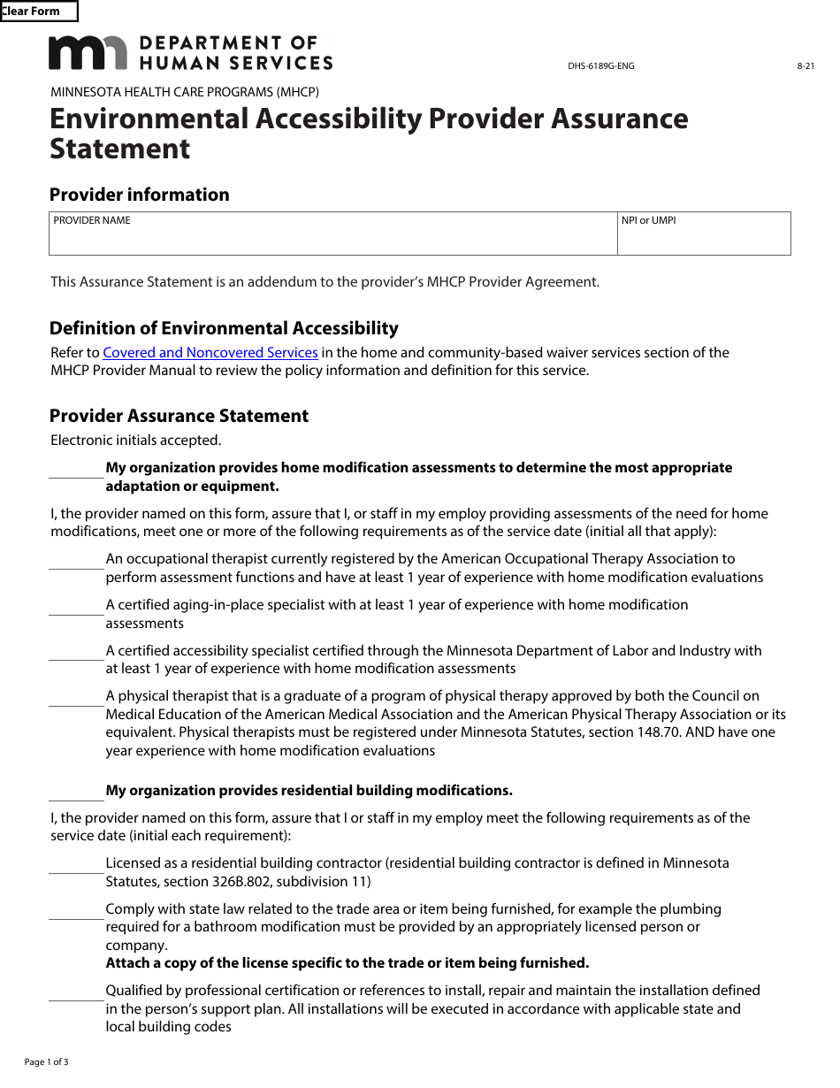Form DHS-6189G-ENG Environmental Accessibility Provider Assurance Statement - Minnesota Health Care Programs (Mhcp) - Minnesota, Page 1