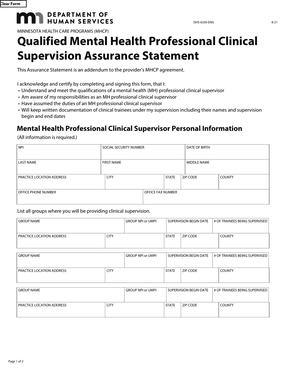 Form DHS-6330-ENG Qualified Mental Health Professional Clinical Supervision Assurance Statement - Minnesota Health Care Programs (Mhcp) - Minnesota, Page 1