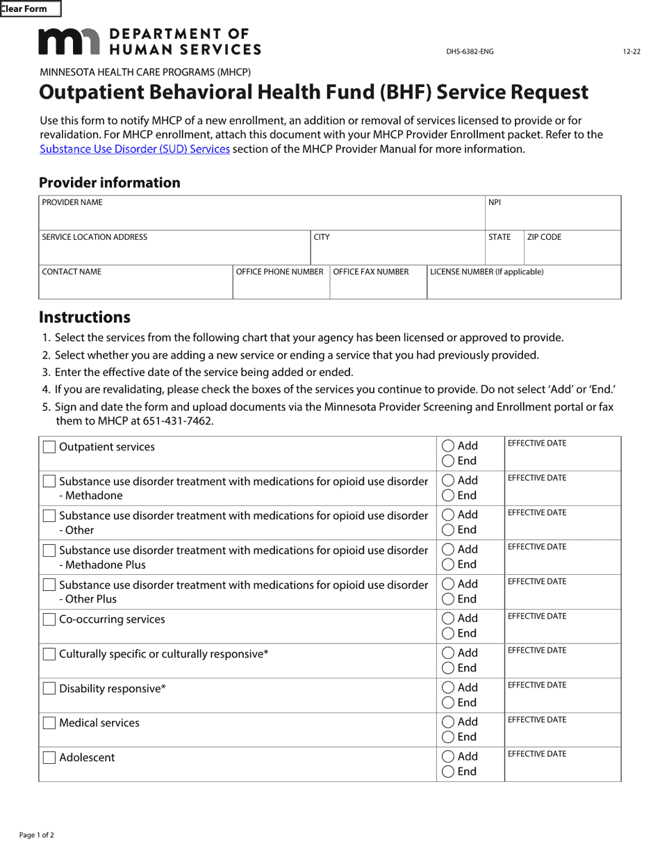 Form DHS-6382-ENG Outpatient Behavioral Health Fund (Bhf) Service Request - Minnesota Health Care Programs (Mhcp) - Minnesota, Page 1