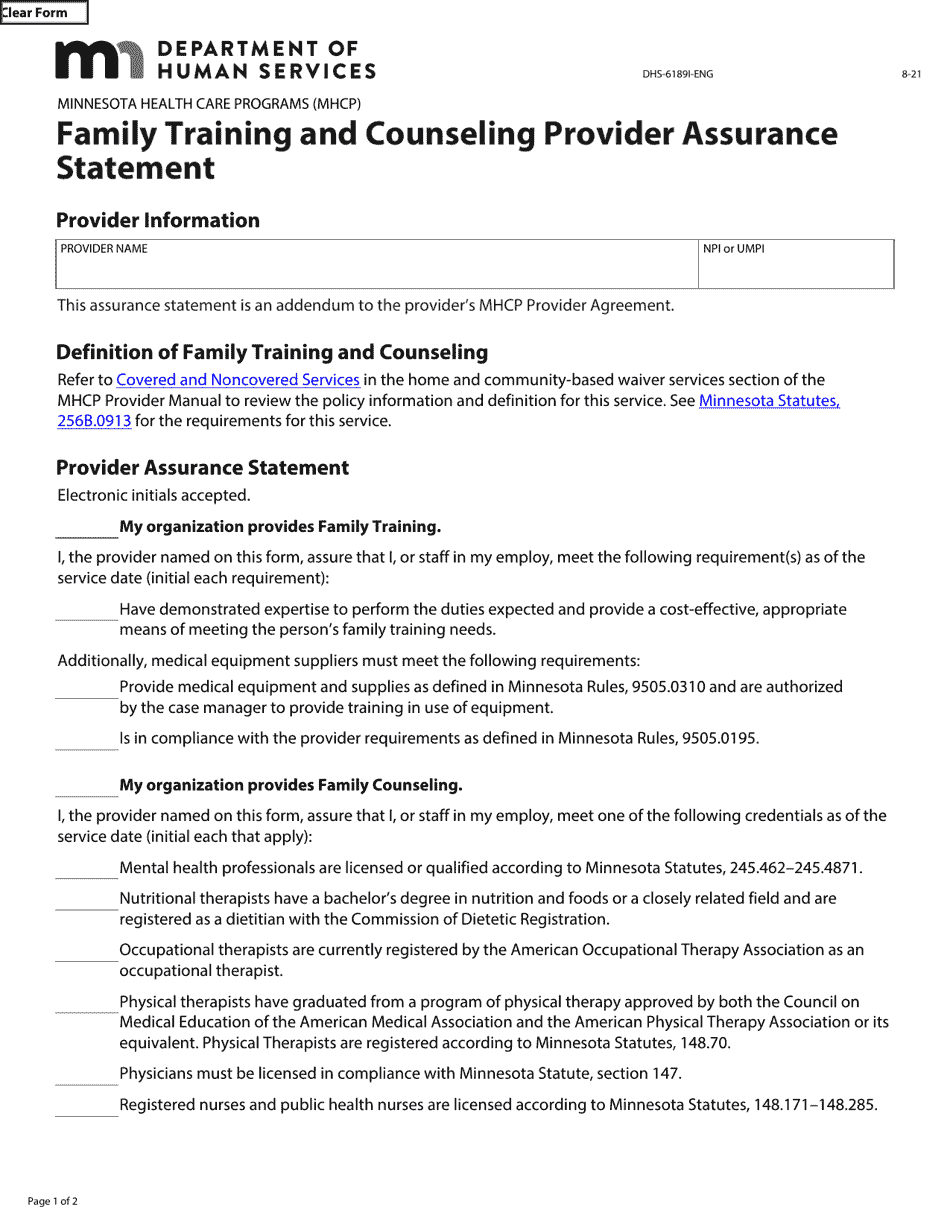 Form DHS-6189I-ENG Family Training and Counseling Provider Assurance Statement - Minnesota Health Care Programs (Mhcp) - Minnesota, Page 1