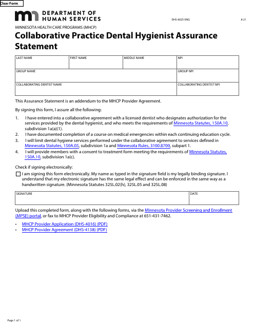 Form DHS-6025-ENG Collaborative Practice Dental Hygienist Assurance Statement - Minnesota Health Care Programs (Mhcp) - Minnesota
