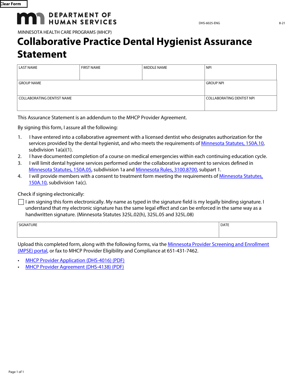 Form DHS-6025-ENG Collaborative Practice Dental Hygienist Assurance Statement - Minnesota Health Care Programs (Mhcp) - Minnesota, Page 1