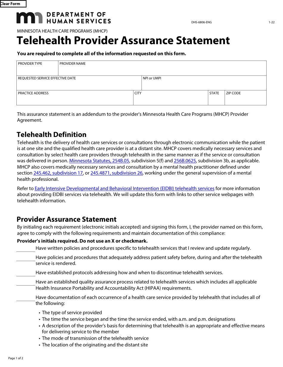Form DHS-6806-ENG Telehealth Provider Assurance Statement - Minnesota Health Care Programs (Mhcp) - Minnesota, Page 1